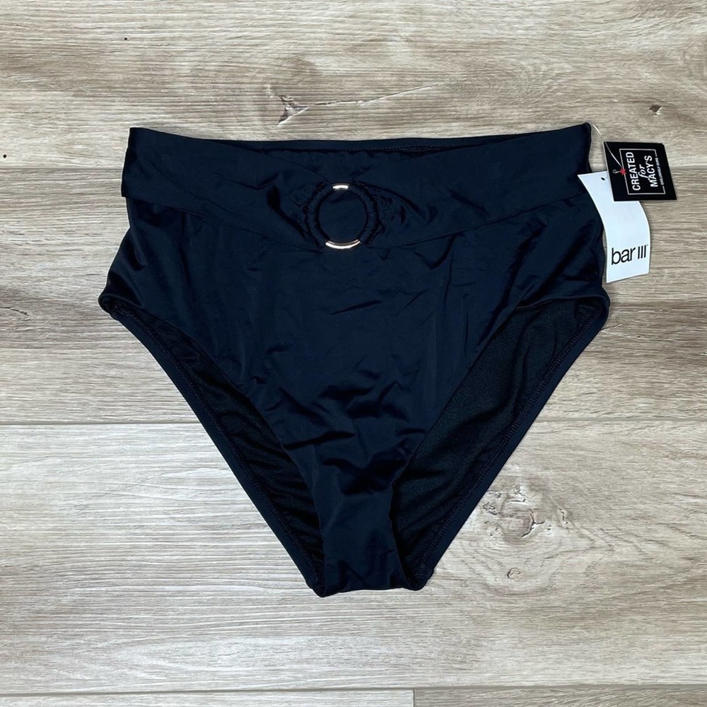 Bar III Women's Black Sunset Solids Ring High Waist Bikini Swim Bottoms sz M